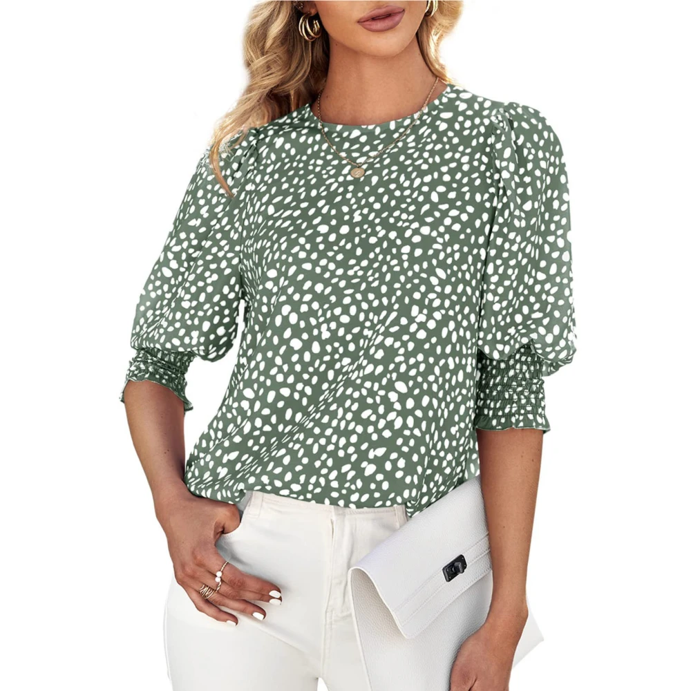 Crewneck Blouse Short Sleeved Printed Cuff Shirred Back Button Casual Fitted Blouse Shirt Top for Women Green M