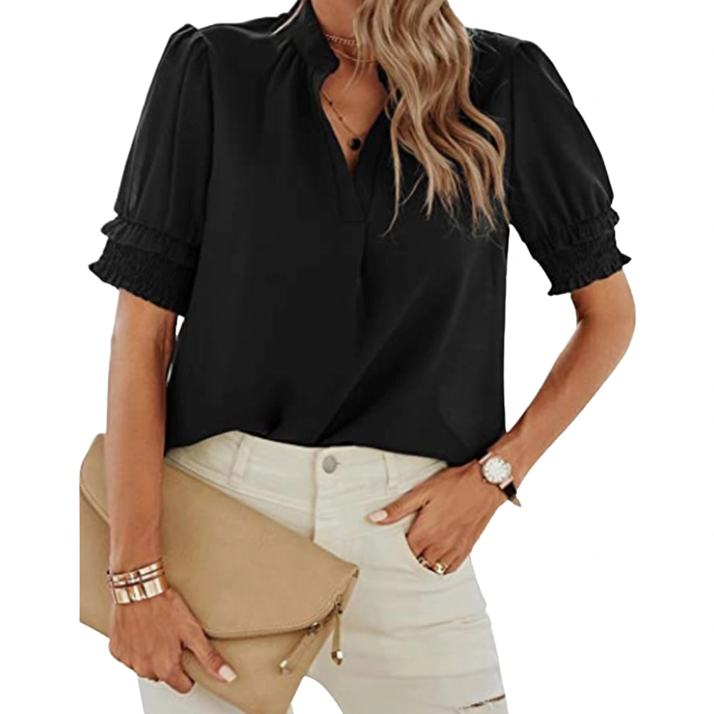 Women V Neck T Shirt Pleated Short Sleeves Loose Fitting Pure Color Casual Summer Blouses Top Black M