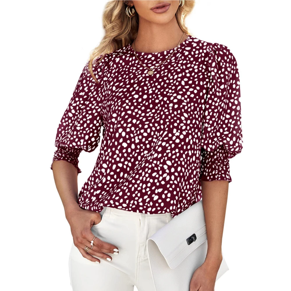 Crewneck Blouse Short Sleeved Printed Cuff Shirred Back Button Casual Fitted Blouse Shirt Top for Women Burgundy M