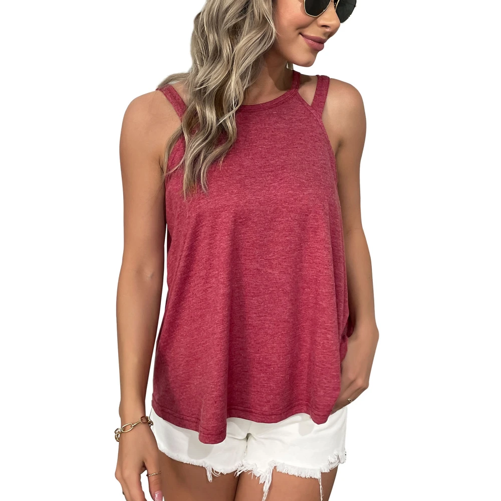 Women Tank Top Round Neck Hollow Out Straps Pure Color Loose Fitting Summer Sleeveless Vest Red M