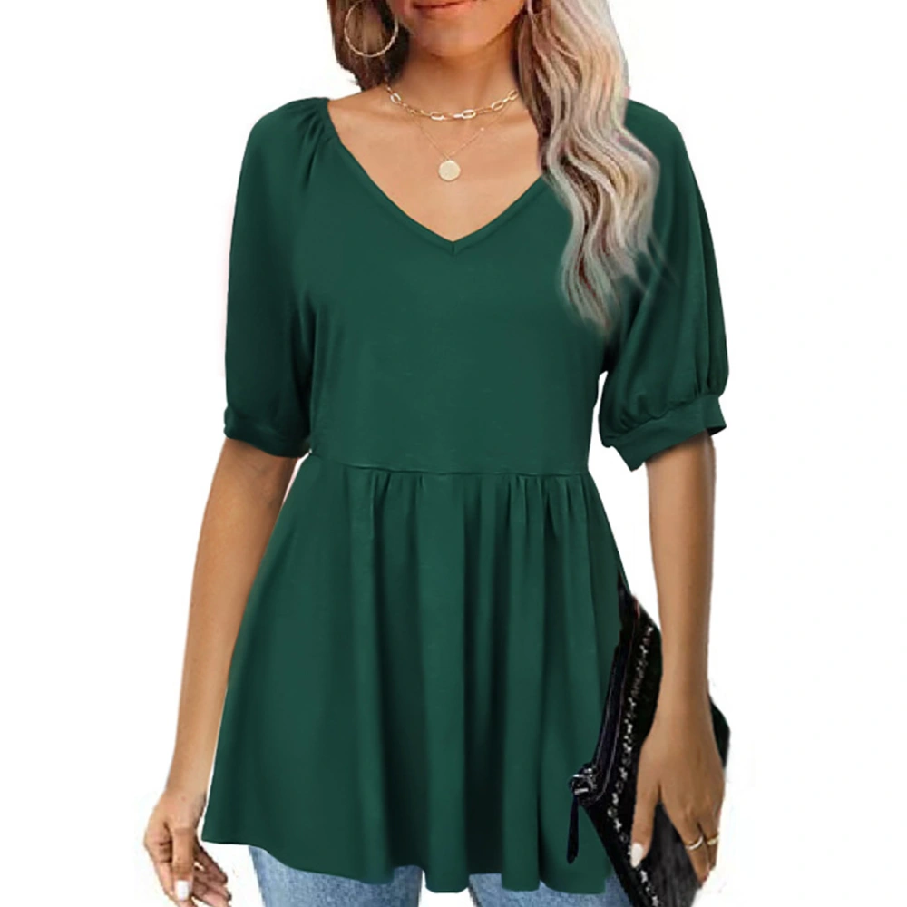 Women V Neck Short Sleeve Tops Summer Fashionable Pure Color Ruffle Women Puff Short Sleeve Blouse Dark Green S