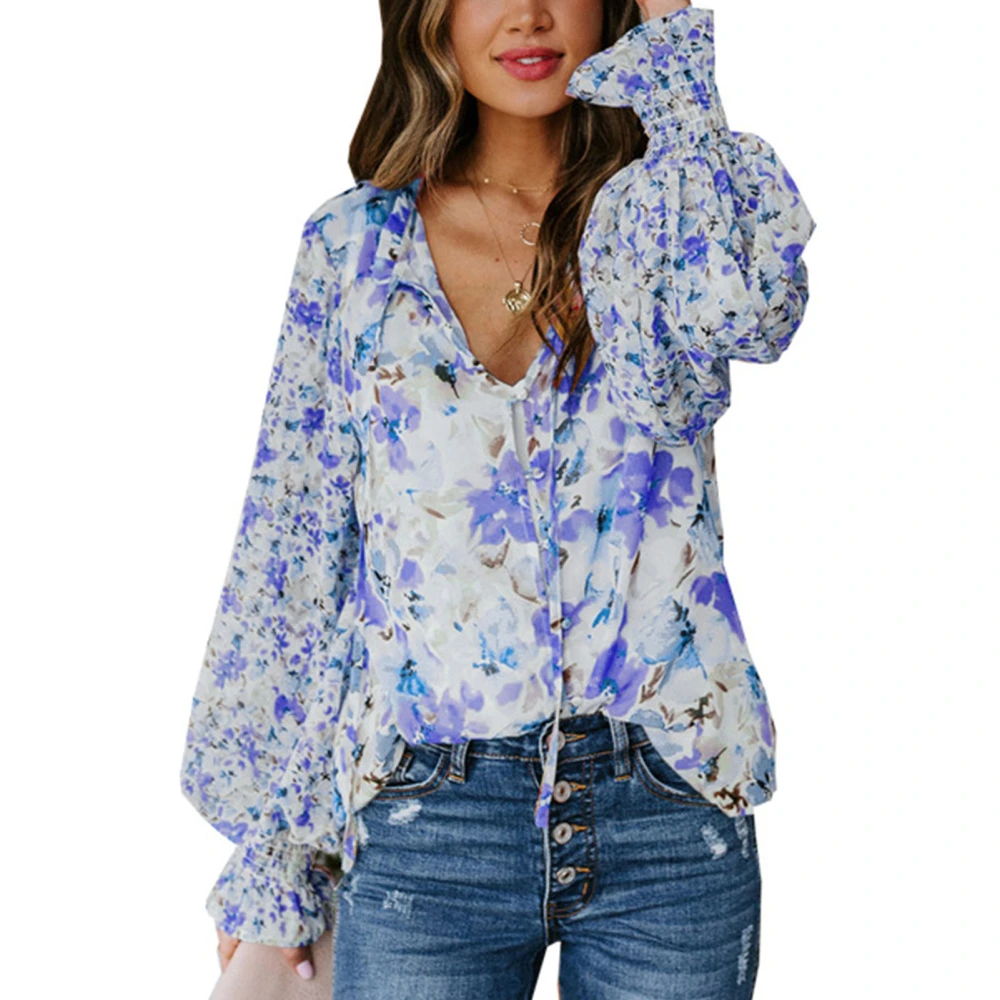 Women Blouse Lantern Sleeve Button Up Floral Print Loose Fit Casual Lady Long Sleeve Top for Dating Travel Blue L