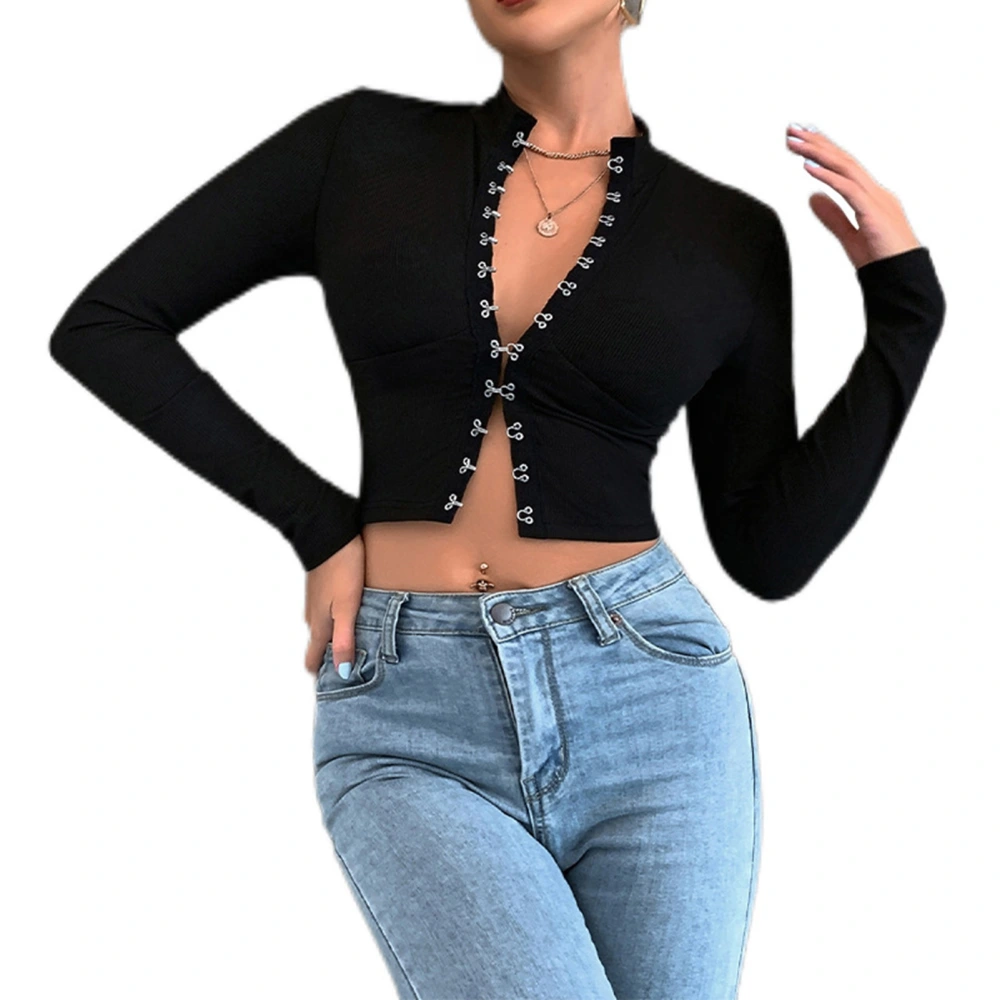 Women Long Sleeved Top Solid Color Tight Fashion Machine Washable Polyester for Go Out Black S