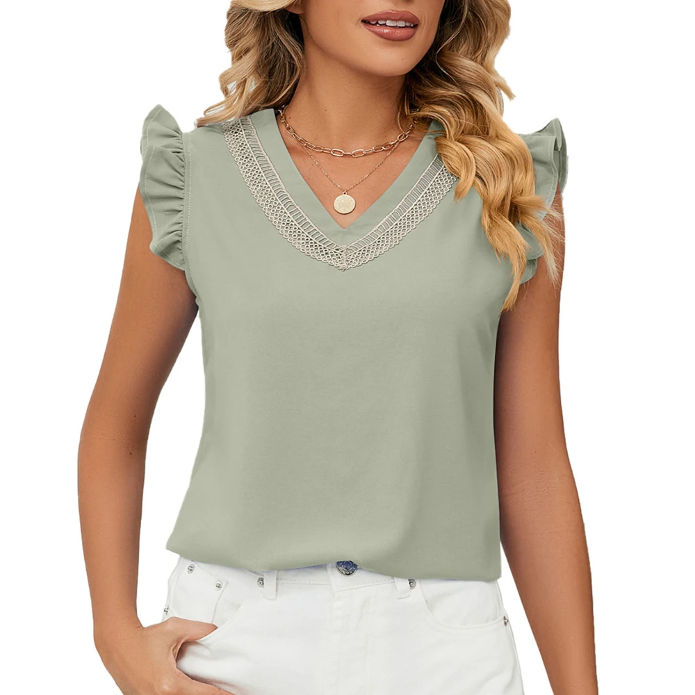 Womens Summer V Neck Chiffon Tops Fashionable Contrast Color Loose Women Ruffle Short Sleeve Chiffon Blouses Pea Green S