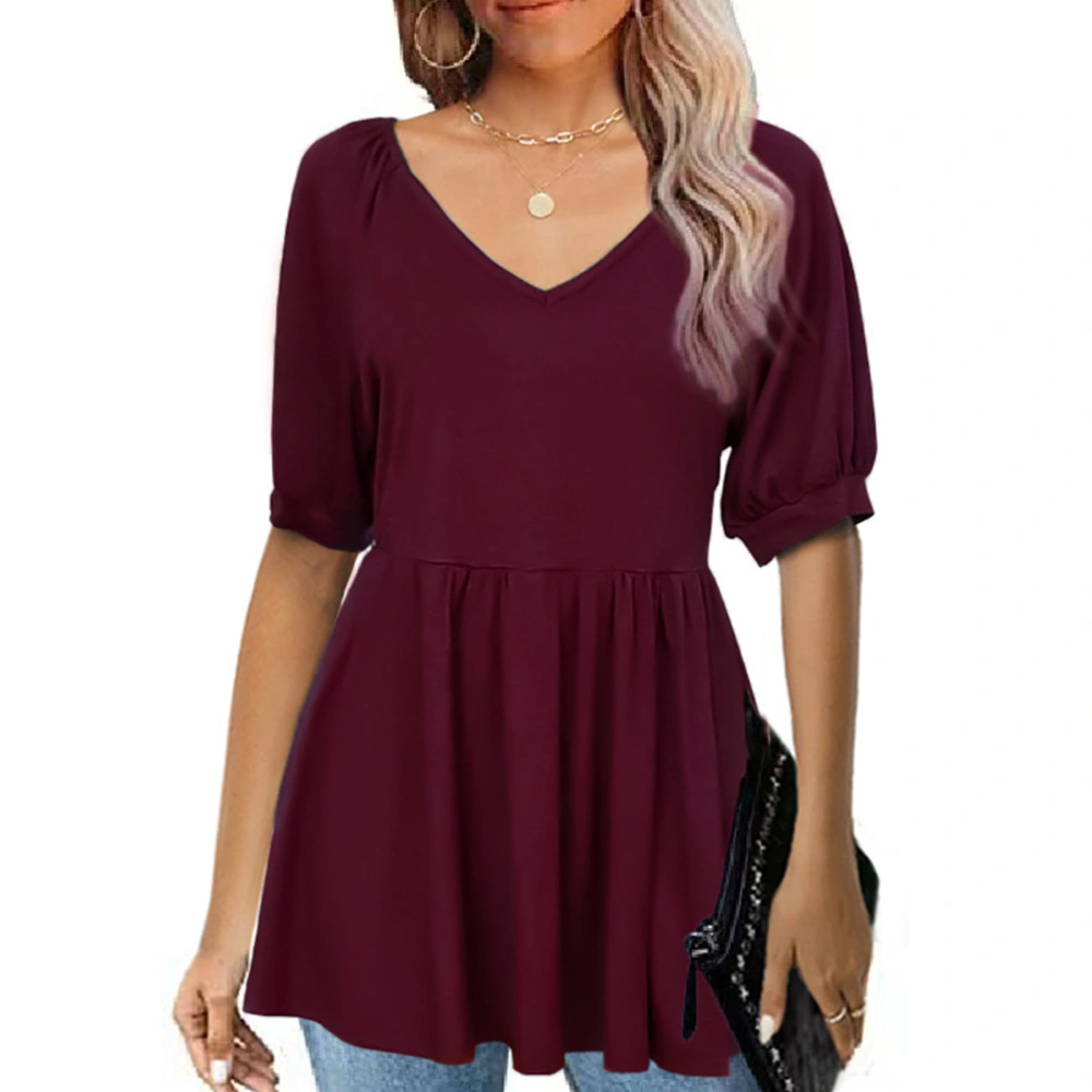 Women V Neck Short Sleeve Tops Summer Fashionable Pure Color Ruffle Women Puff Short Sleeve Blouse Wine Red XL