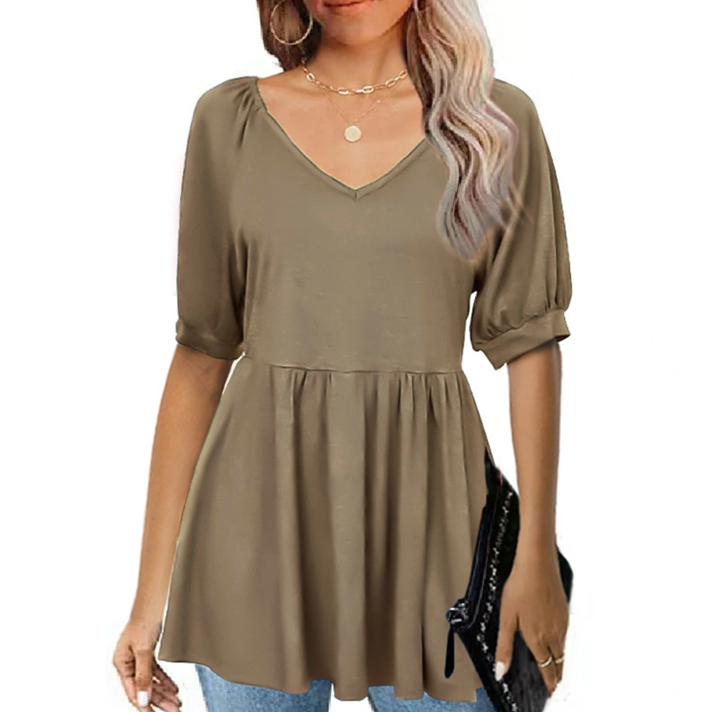 Women V Neck Short Sleeve Tops Summer Fashionable Pure Color Ruffle Women Puff Short Sleeve Blouse Khaki S