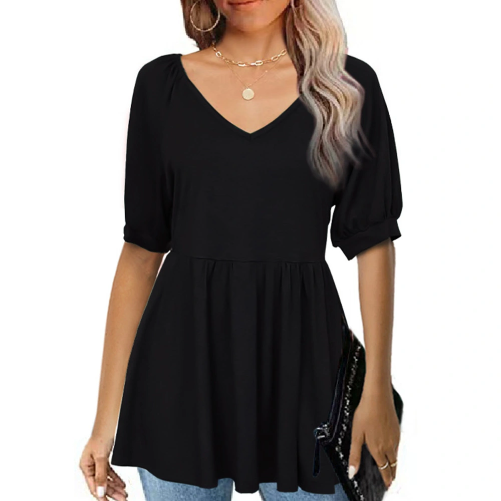 Women V Neck Short Sleeve Tops Summer Fashionable Pure Color Ruffle Women Puff Short Sleeve Blouse Black M