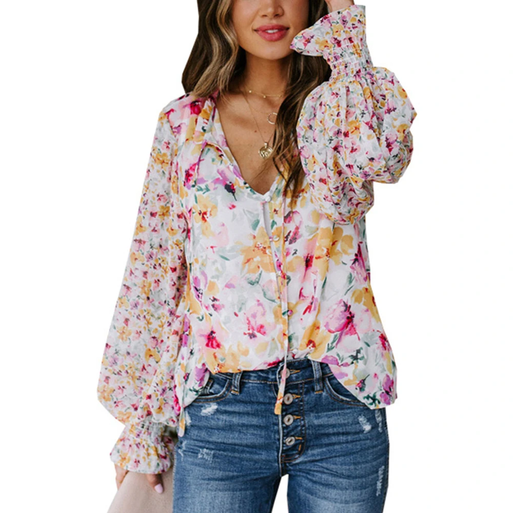 Women Blouse Lantern Sleeve Button Up Floral Print Loose Fit Casual Lady Long Sleeve Top for Dating Travel Pink M