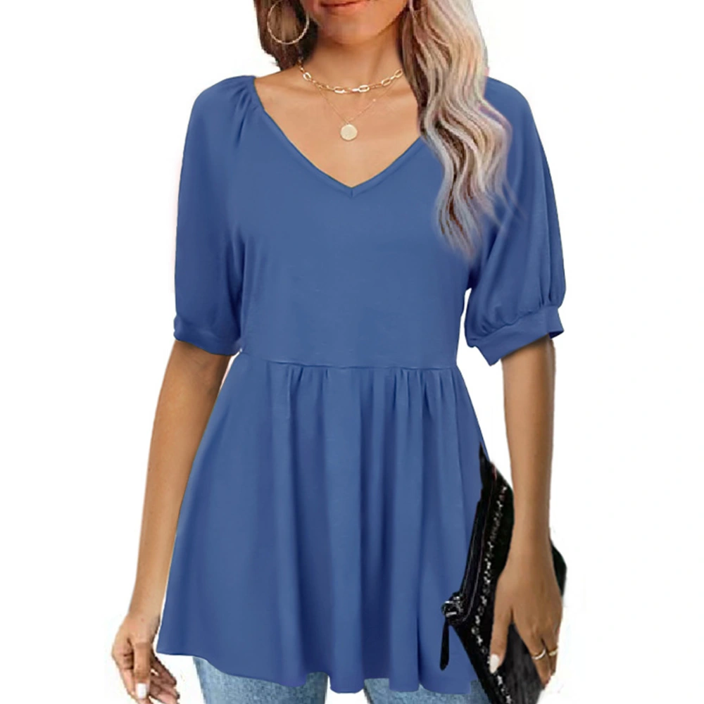 Women V Neck Short Sleeve Tops Summer Fashionable Pure Color Ruffle Women Puff Short Sleeve Blouse Royalblue L