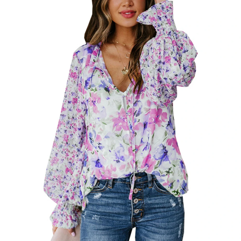 Women Blouse Lantern Sleeve Button Up Floral Print Loose Fit Casual Lady Long Sleeve Top for Dating Travel Rose Red M