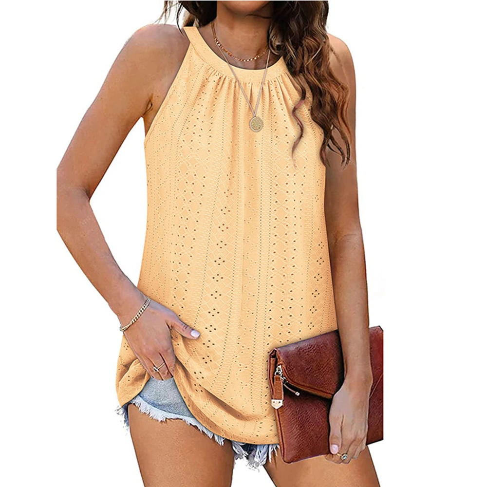 Crewneck Pleated Tank Top Round Collar Plain Color Sleeveless Pleated Tank for Women Summer Yellow XXL