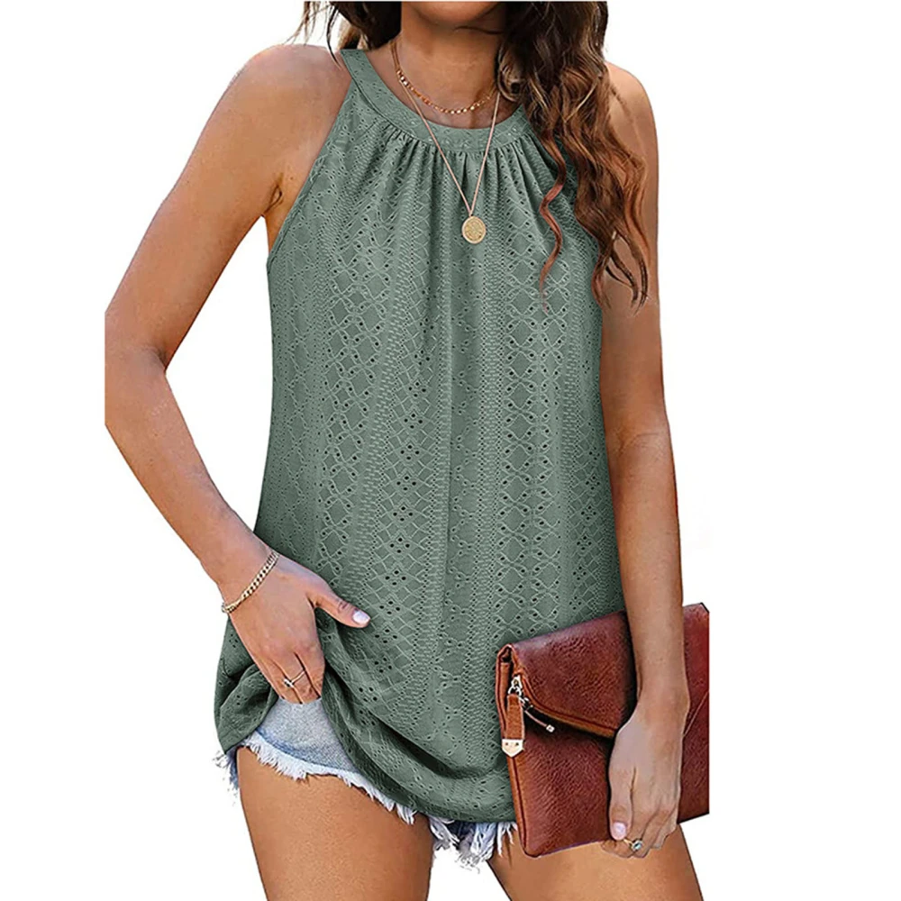 Crewneck Pleated Tank Top Round Collar Plain Color Sleeveless Pleated Tank for Women Summer Green M