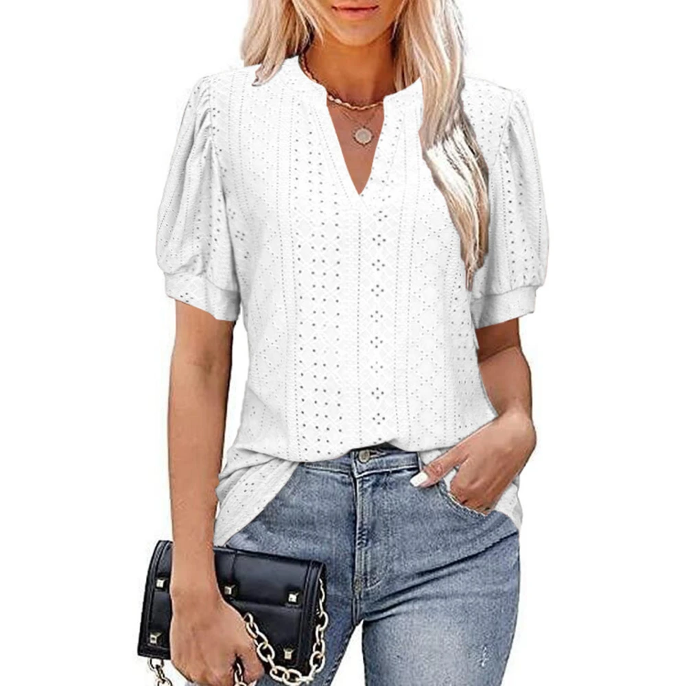 Puff Sleeve Blouse V Neck Hollow Pure Color Slim Fit Short Sleeved Casual Blouse for Women Female White XL