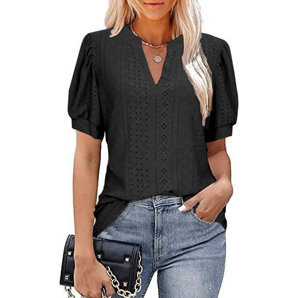 Puff Sleeve Blouse V Neck Hollow Pure Color Slim Fit Short Sleeved Casual Blouse for Women Female Black XL