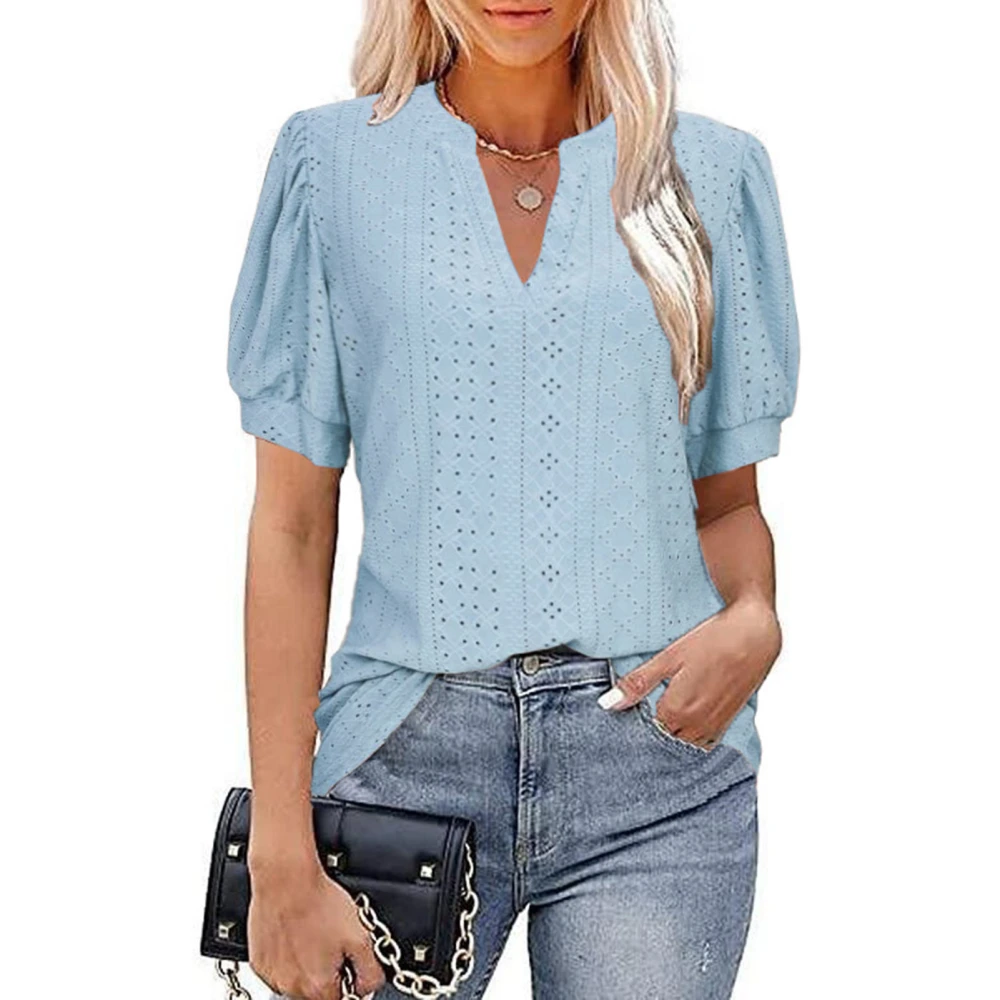 Puff Sleeve Blouse V Neck Hollow Pure Color Slim Fit Short Sleeved Casual Blouse for Women Female Sky Blue S