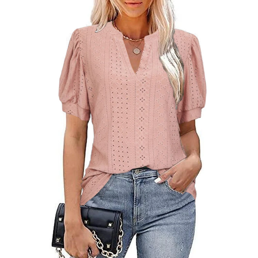 Puff Sleeve Blouse V Neck Hollow Pure Color Slim Fit Short Sleeved Casual Blouse for Women Female Dark Pink S