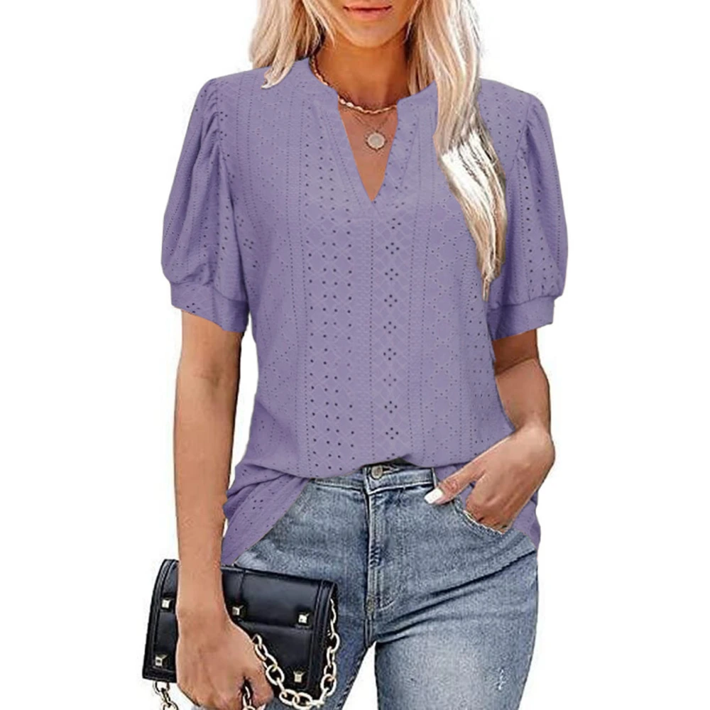 Puff Sleeve Blouse V Neck Hollow Pure Color Slim Fit Short Sleeved Casual Blouse for Women Female Purple M