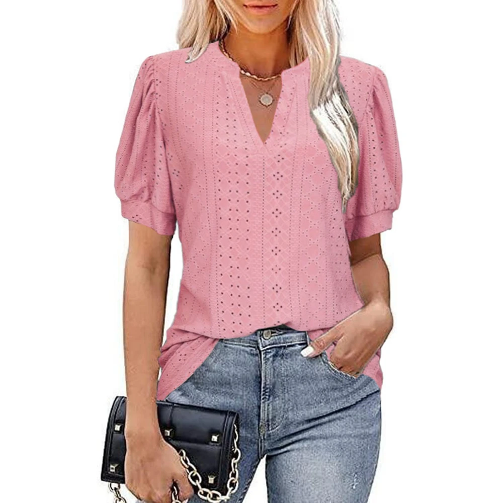 Puff Sleeve Blouse V Neck Hollow Pure Color Slim Fit Short Sleeved Casual Blouse for Women Female Pink M