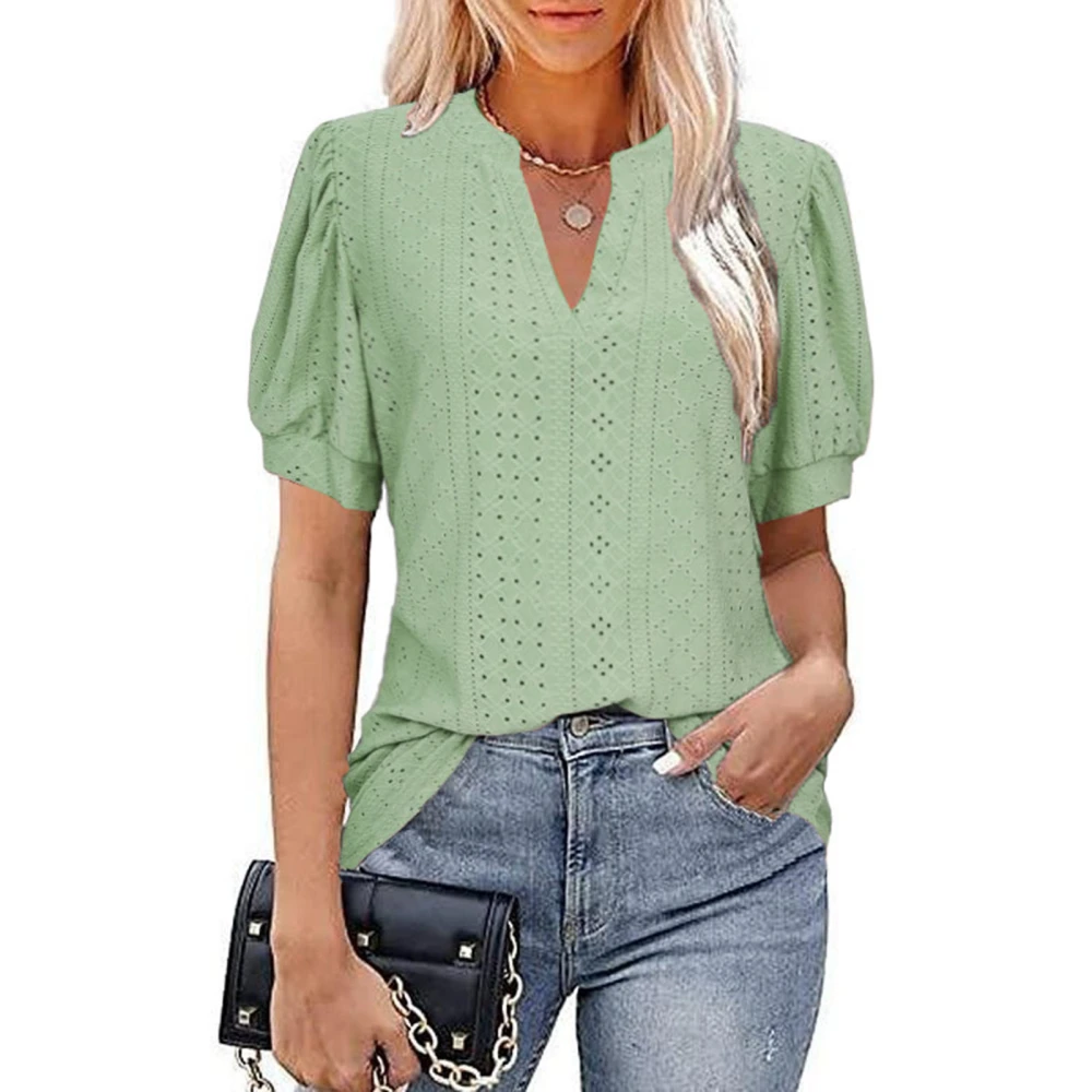 Puff Sleeve Blouse V Neck Hollow Pure Color Slim Fit Short Sleeved Casual Blouse for Women Female Light Green L