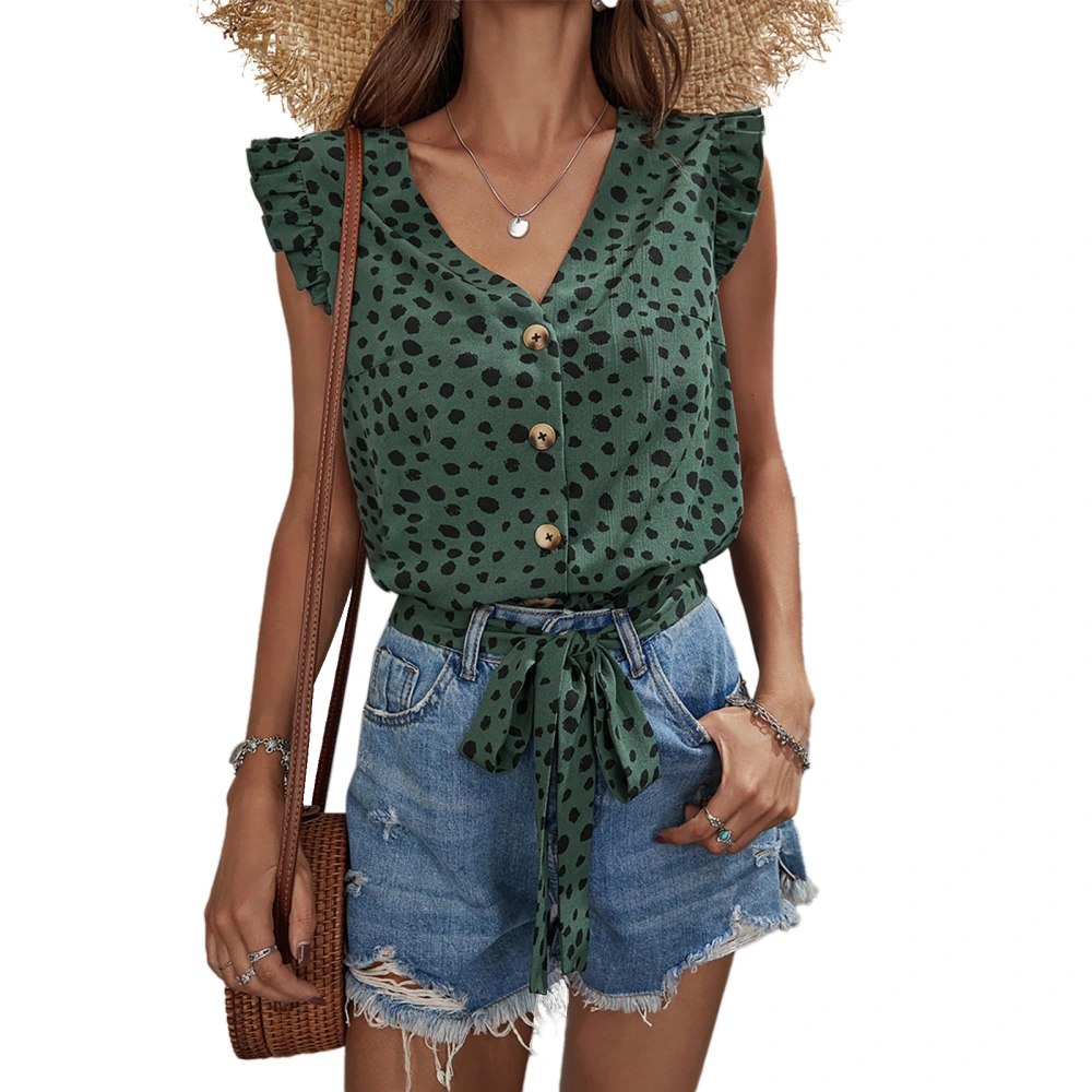 Women Dot Printing Top Ruffled Cuff Button Closure Casual Summer V Neck T Shirt for Daily Wear Dark Green S