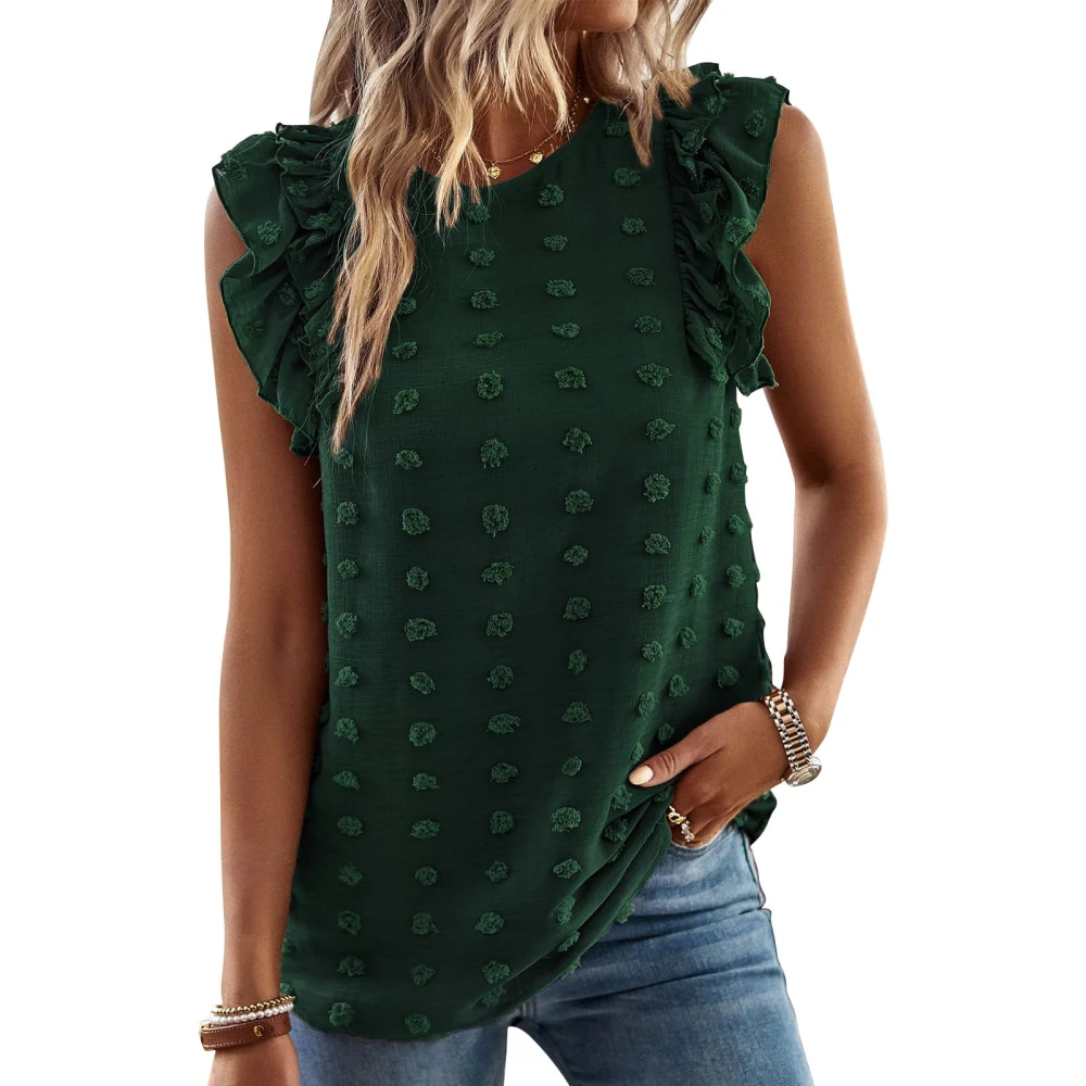 Pure Color Ruffle Sleeveless Shirt Women Elegant Loose Casual Crewneck Tank Top for Office Work Dating Green L