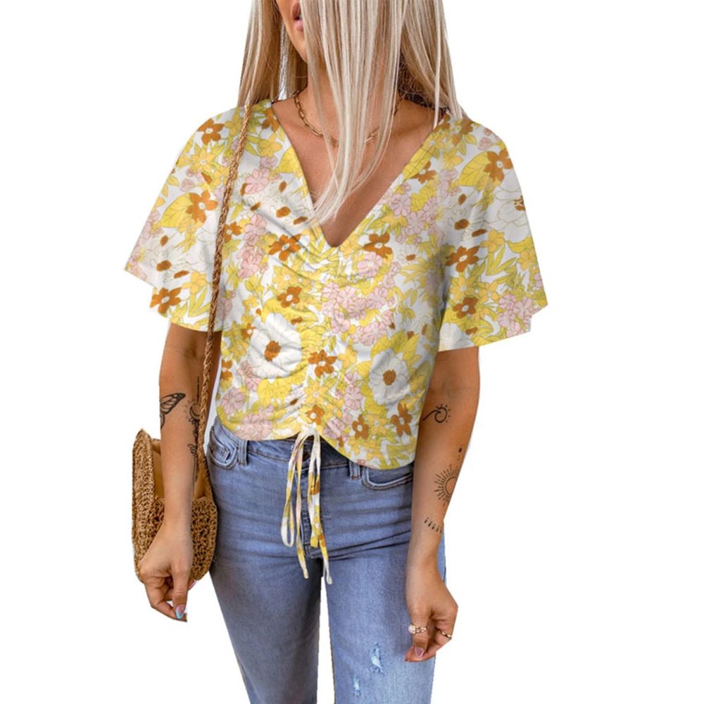 Women Floral Blouse Short Sleeve V Neck Drawstring Women Stylish Printed Short Blouse Top for Daily Party Dating Yellow S