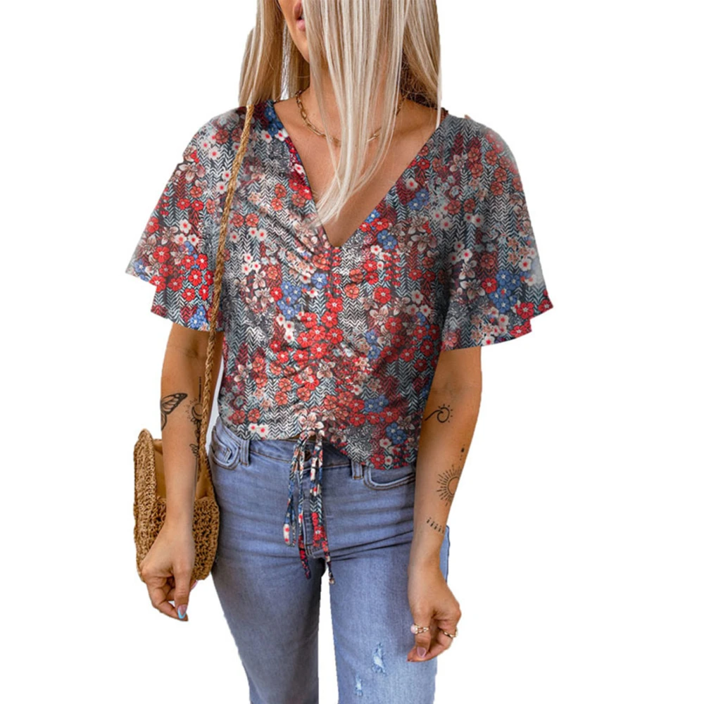 Women Floral Blouse Short Sleeve V Neck Drawstring Women Stylish Printed Short Blouse Top for Daily Party Dating Red M