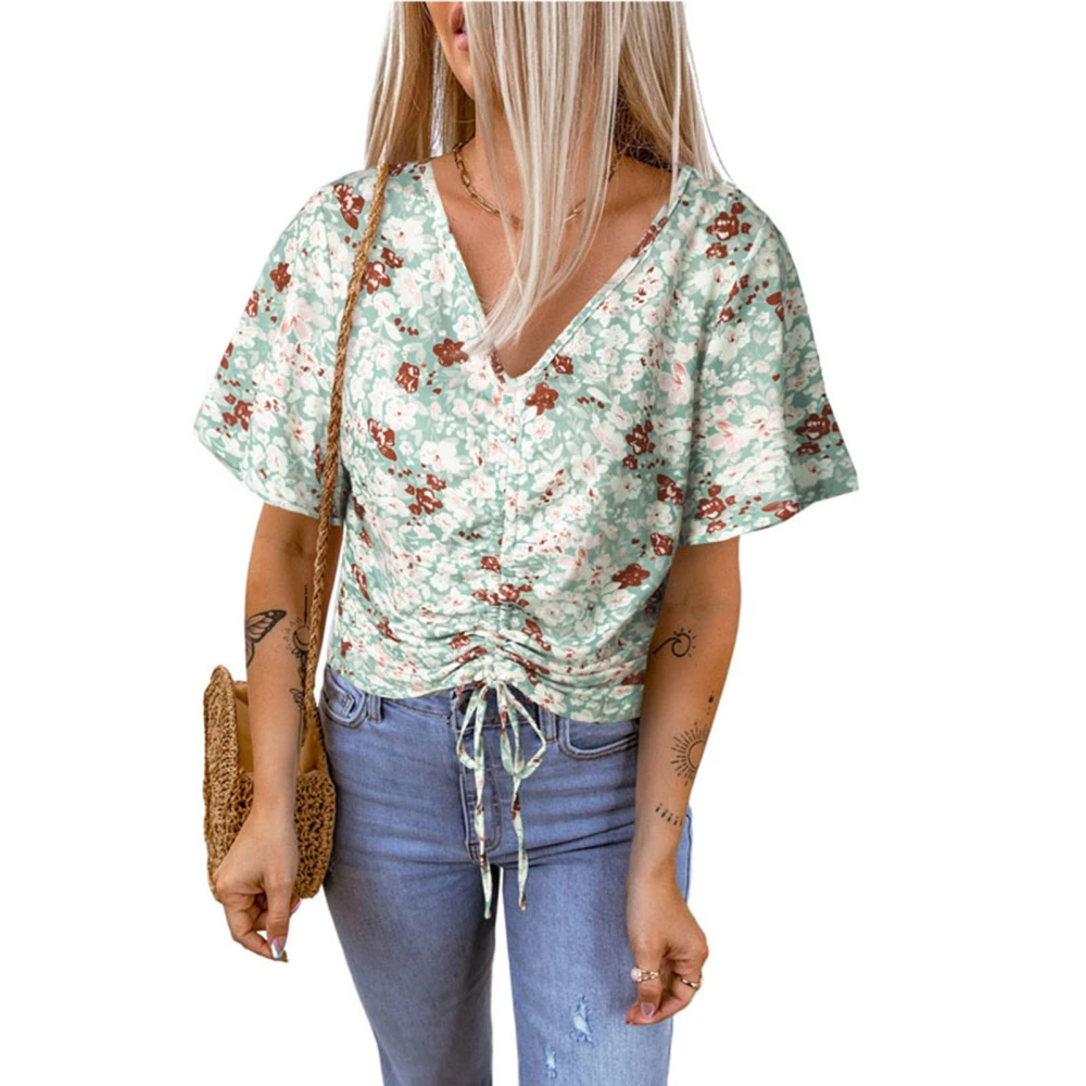 Women Floral Blouse Short Sleeve V Neck Drawstring Women Stylish Printed Short Blouse Top for Daily Party Dating Green S