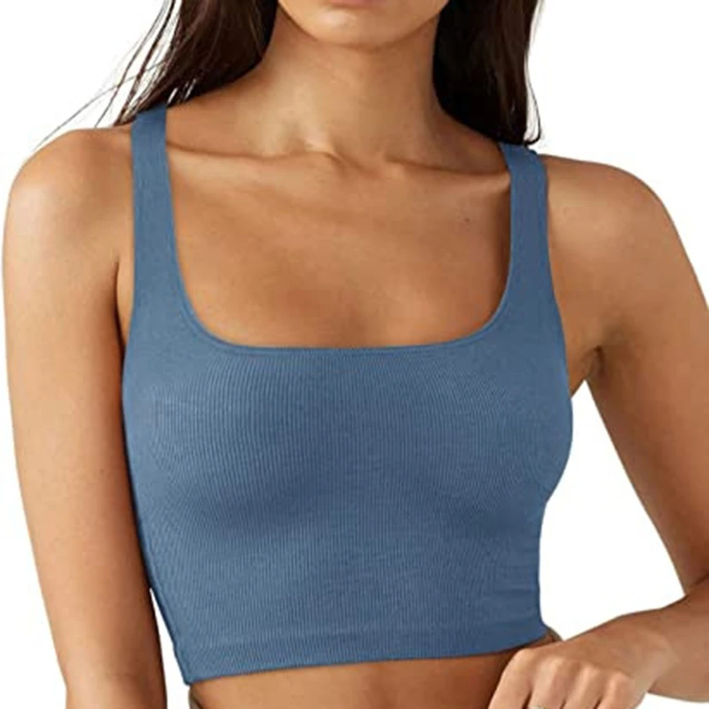 Women Ribbed Tank Top Short Sleeveless Slim Pure Color Tank Top For Summer Spring Blue L