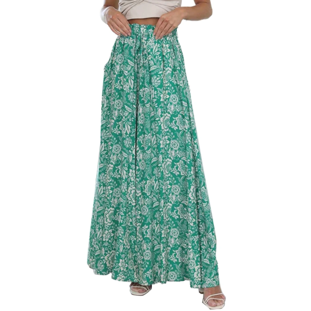 Women Wide Leg Pants Ruffle Floral Prints High Waisted Elastic Drawstring Women Beach Pants for Party Shopping Travel Green Prints S