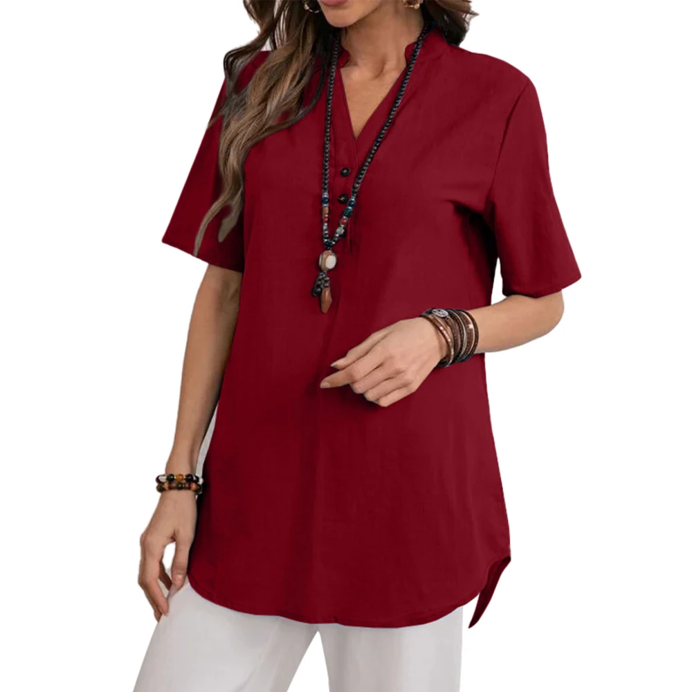 Button Short Sleeve Top Fashionable Pure Color V Neck Women Casual Button T Shirt for Daily Wine Red XXL