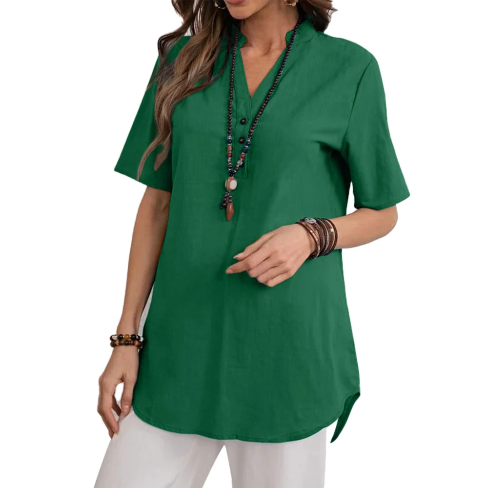 Button Short Sleeve Top Fashionable Pure Color V Neck Women Casual Button T Shirt for Daily Green XL