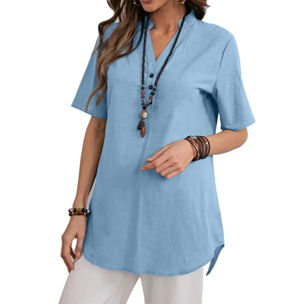 Button Short Sleeve Top Fashionable Pure Color V Neck Women Casual Button T Shirt for Daily Sky Blue M