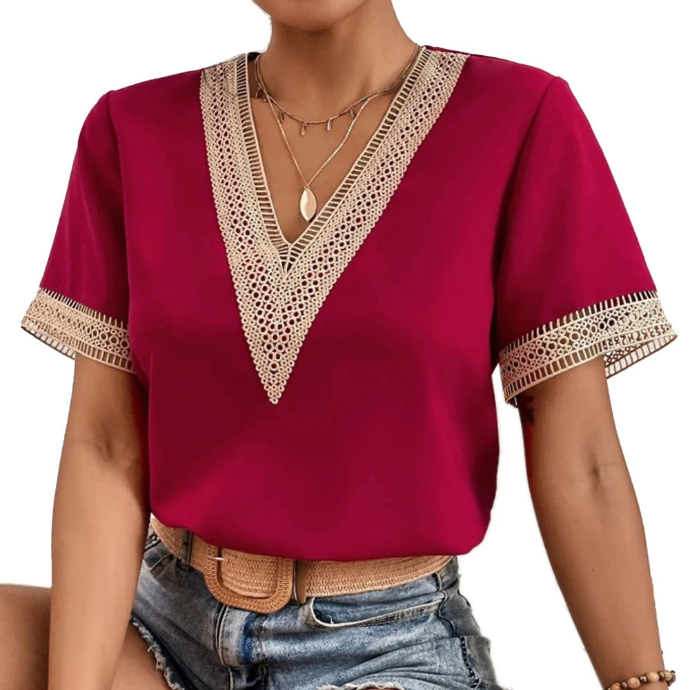 Short Sleeve V Neck Top Women Elegant Fashionable Loose Casual Lace Crochet Shirt Blouse for Dating Burgundy S