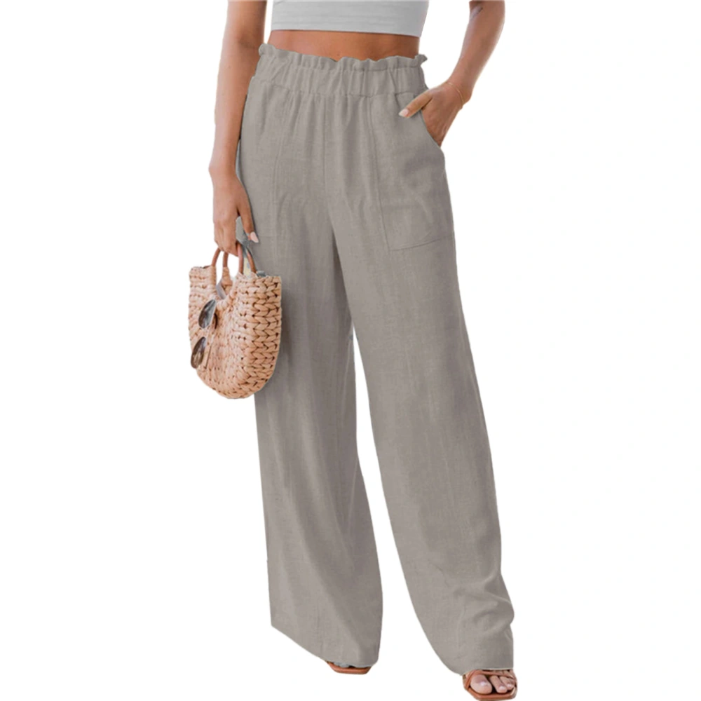 Women Long Pants Wide Leg Ruffle Mid Waist Pure Color Stylish Stretchy Causal Loose Pants with Pocket for Summer Khaki M