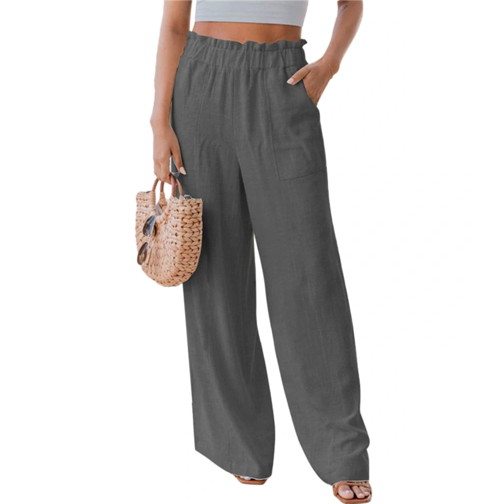 Women Long Pants Wide Leg Ruffle Mid Waist Pure Color Stylish Stretchy Causal Loose Pants with Pocket for Summer Grey 3XL