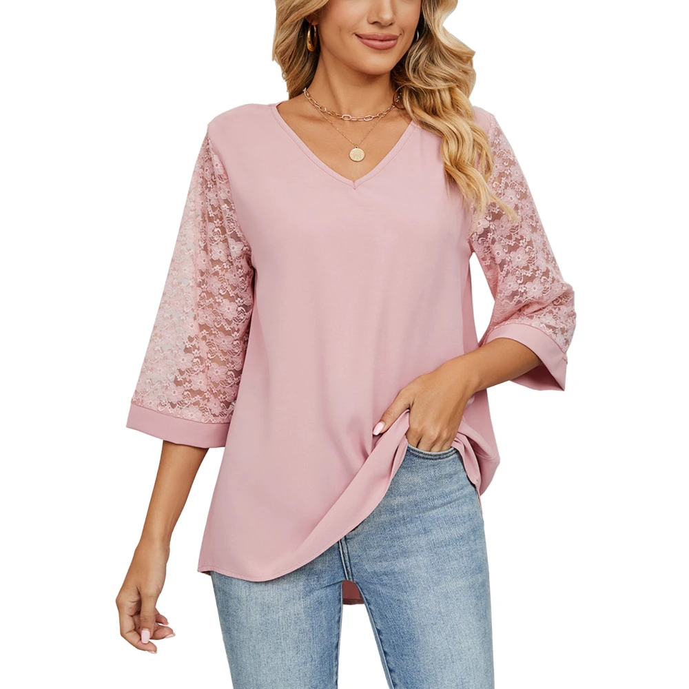 Women Half Sleeve Top V Neck Lace Patchwork Blouse Loose Breathable for Spring Summer Pink M