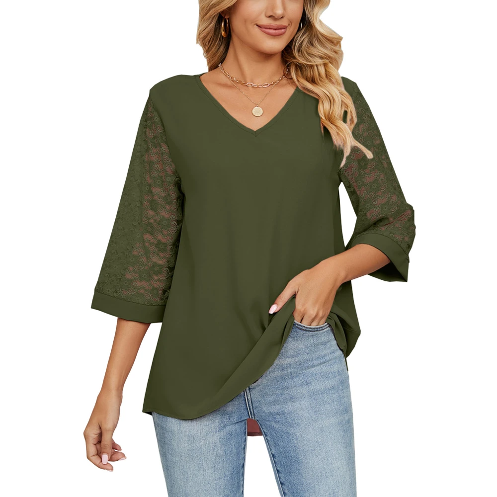 Women Half Sleeve Top V Neck Lace Patchwork Blouse Loose Breathable for Spring Summer OD Green XXL