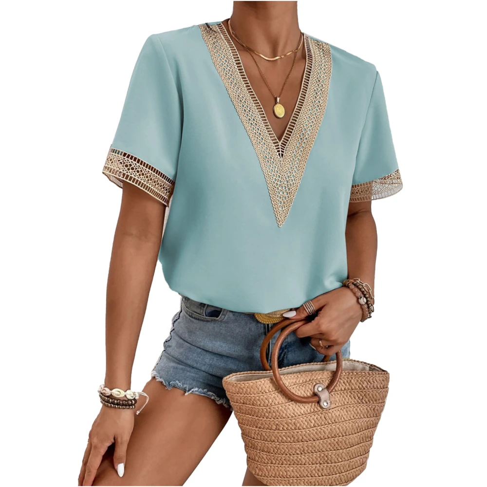 Short Sleeve V Neck Top Women Elegant Fashionable Loose Casual Lace Crochet Shirt Blouse for Dating Light Blue L