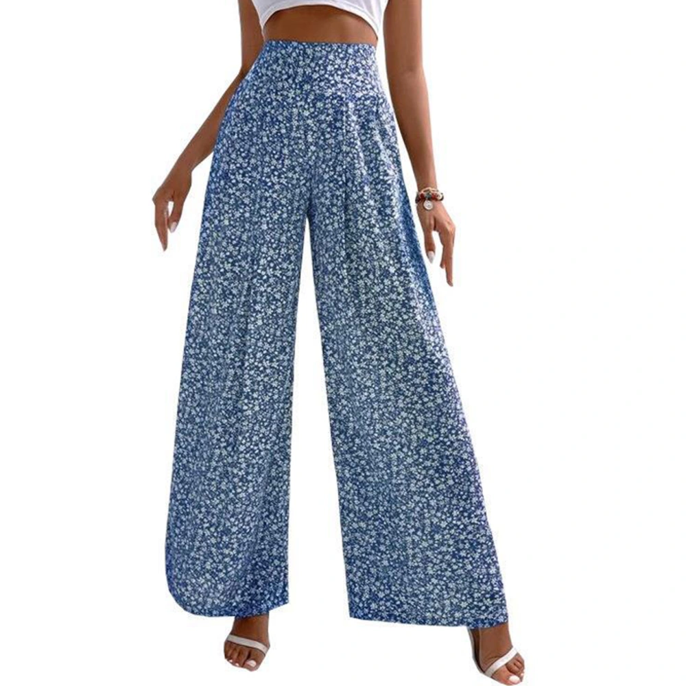 Women Loose Flared Pants Elastic High Waist Floral Print Casual Lady Wide Flare Leg Trousers for Daily Travel Dating Blue 2XL