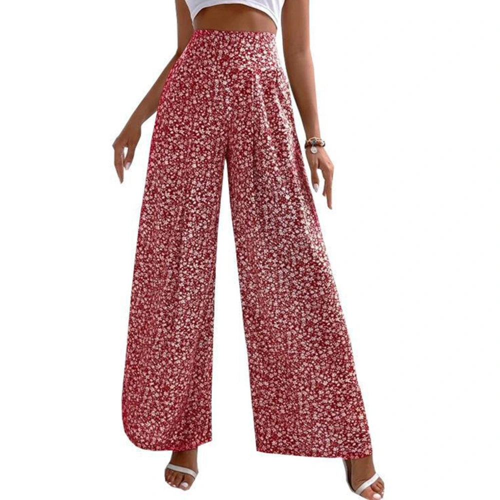 Women Loose Flared Pants Elastic High Waist Floral Print Casual Lady Wide Flare Leg Trousers for Daily Travel Dating Red S