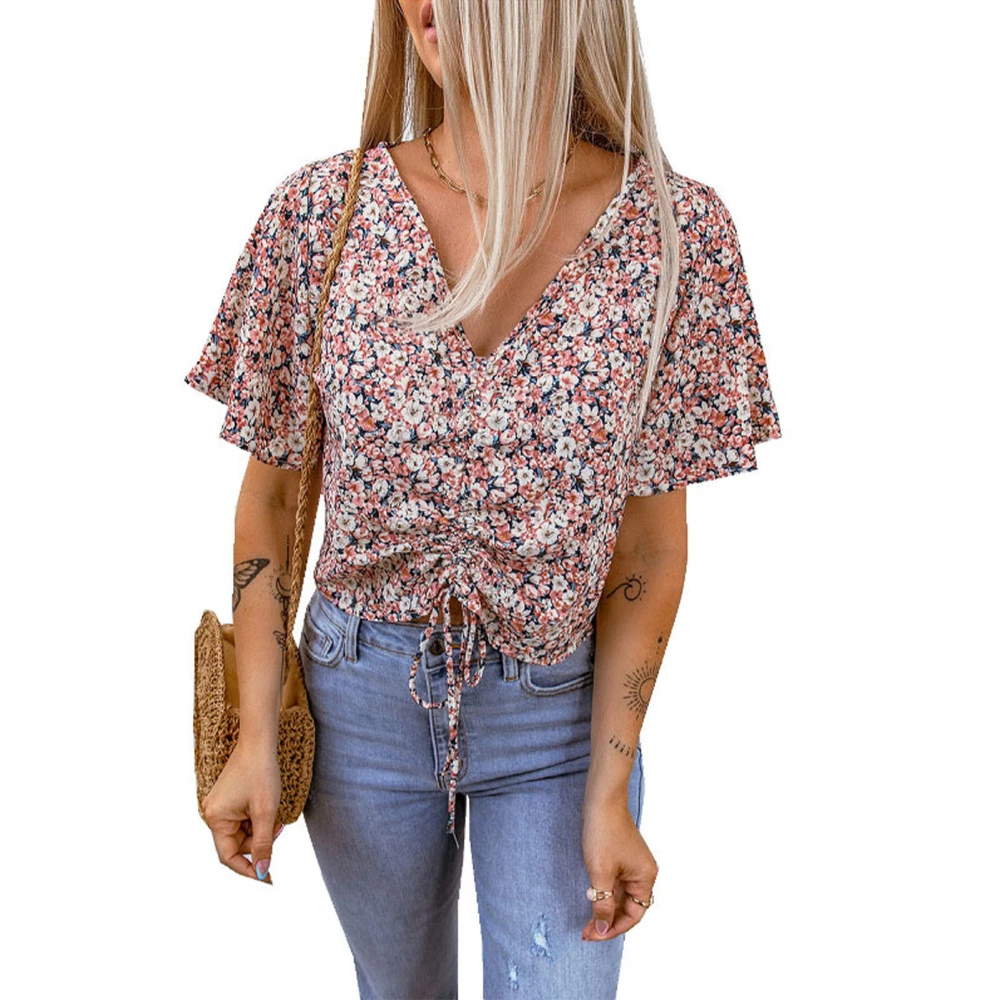 Women Floral Blouse Short Sleeve V Neck Drawstring Women Stylish Printed Short Blouse Top for Daily Party Dating Dark Pink XL