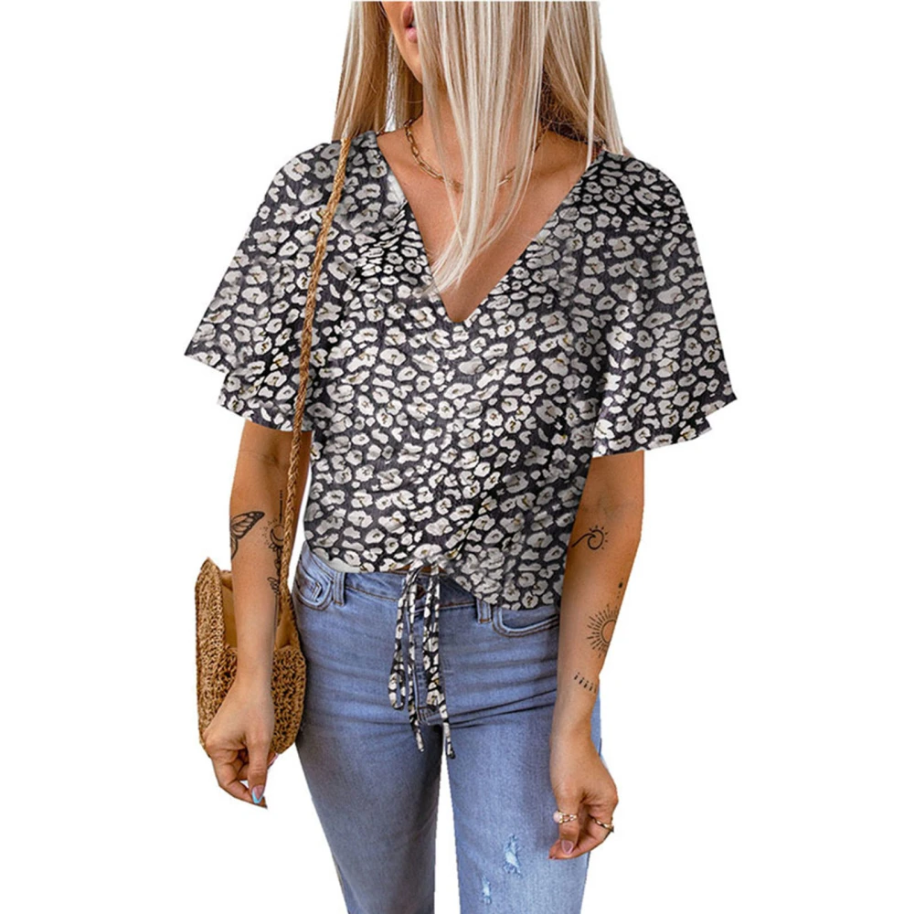 Women Floral Blouse Short Sleeve V Neck Drawstring Women Stylish Printed Short Blouse Top for Daily Party Dating Black 3XL