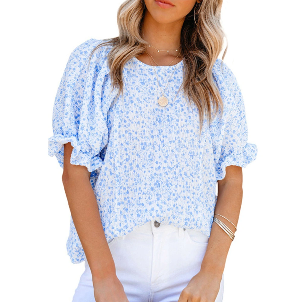 Women Short Sleeve Chiffon Blouse Summer Fashionable Elegant Crewneck Loose Women Floral Print Chiffon Shirt Sky Blue M