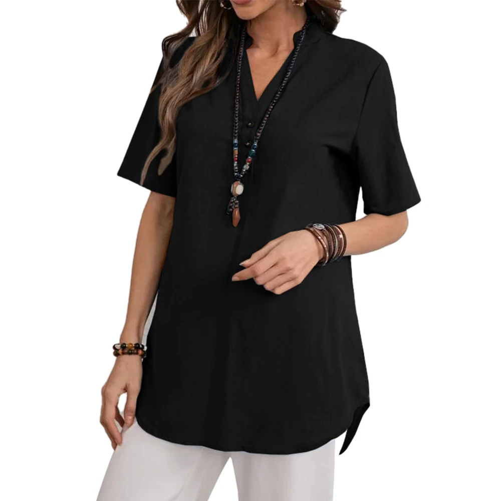 Button Short Sleeve Top Fashionable Pure Color V Neck Women Casual Button T Shirt for Daily Black XL