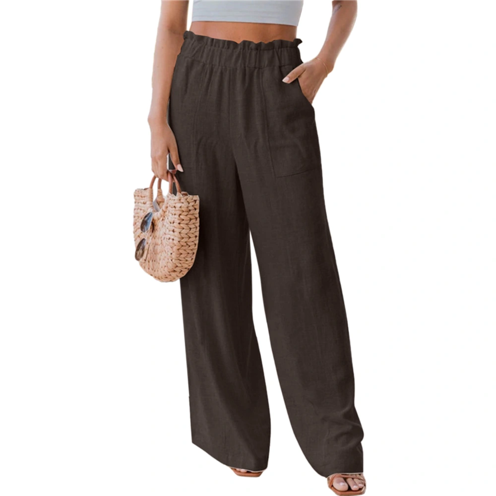 Women Long Pants Wide Leg Ruffle Mid Waist Pure Color Stylish Stretchy Causal Loose Pants with Pocket for Summer Brown 3XL