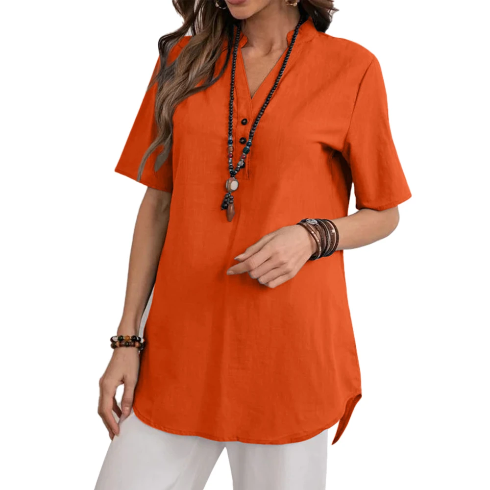 Button Short Sleeve Top Fashionable Pure Color V Neck Women Casual Button T Shirt for Daily Orange S