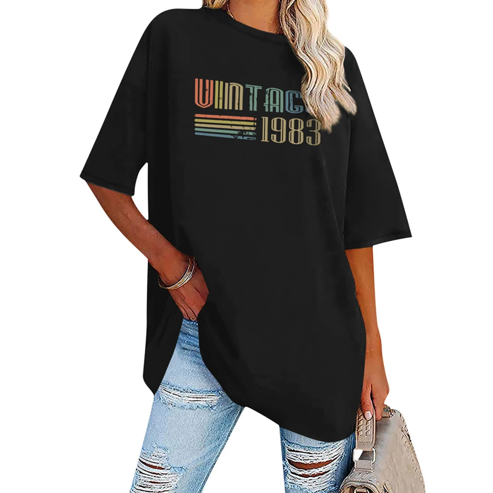 Short Sleeve Crewneck Top Women Fashionable Loose Casual Drop Shoulder Letter Print T Shirt Blouse Black S