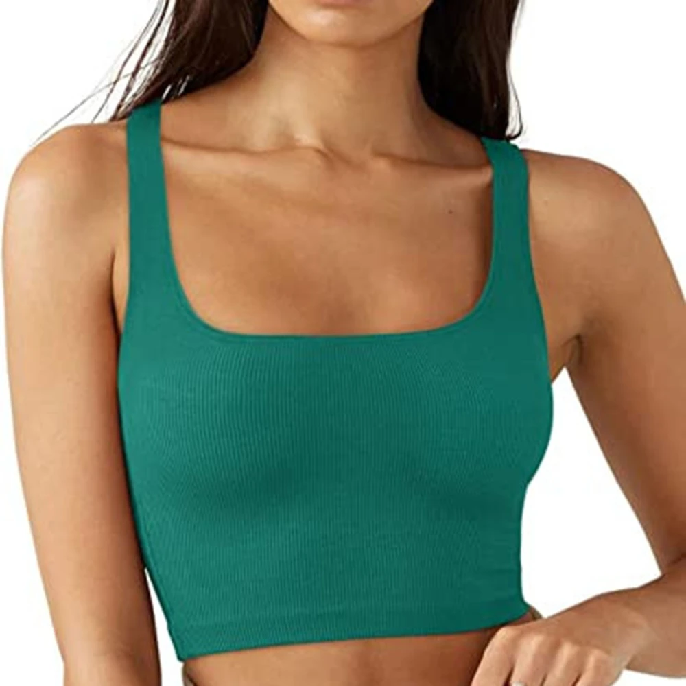 Women Ribbed Tank Top Short Sleeveless Slim Pure Color Tank Top For Summer Spring Green M