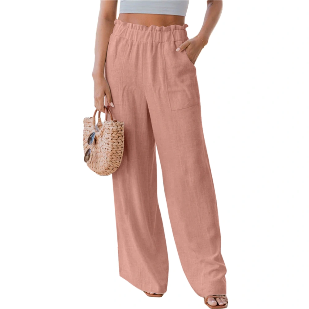 Women Long Pants Wide Leg Ruffle Mid Waist Pure Color Stylish Stretchy Causal Loose Pants with Pocket for Summer Pink L